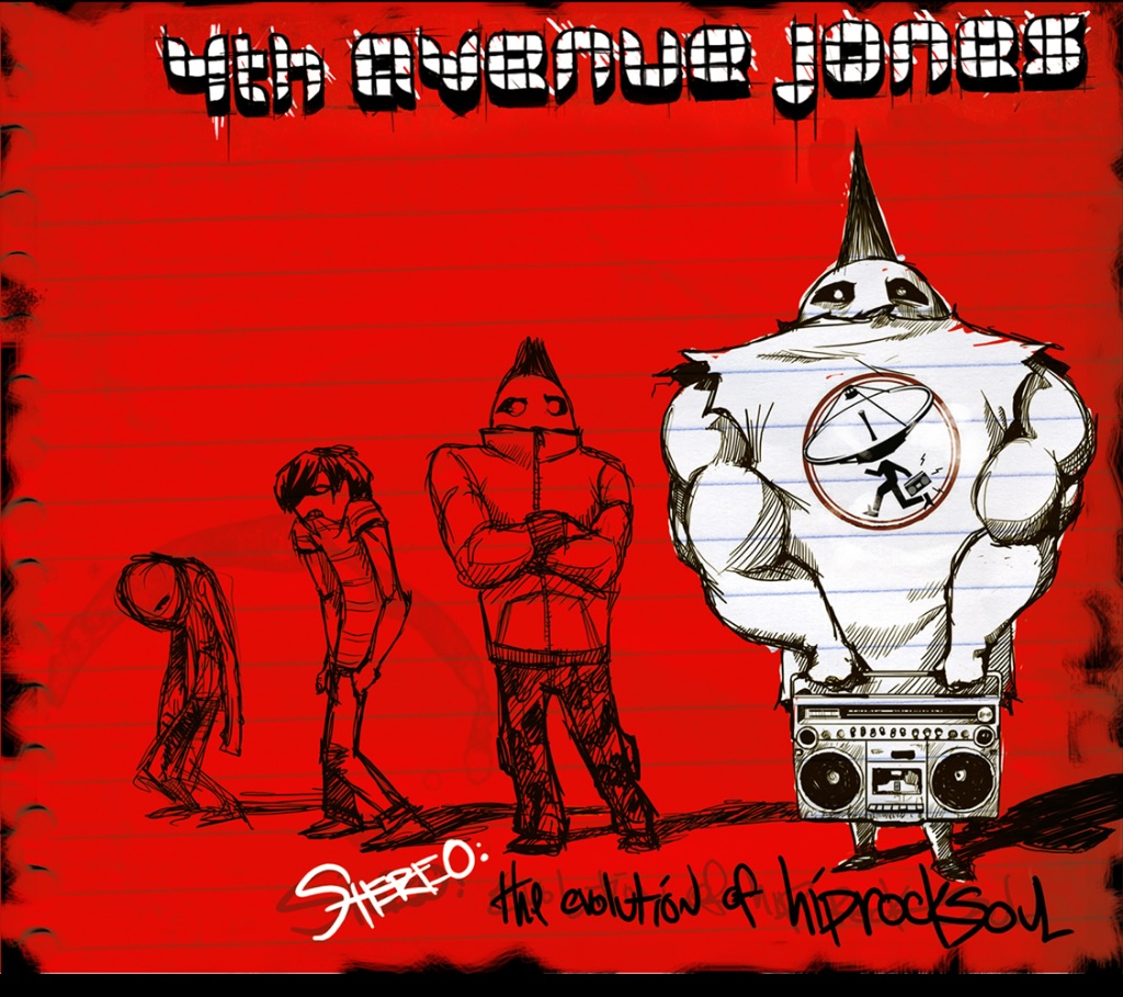 Album Art of 4th Avenue Jones's Stereo album - A drawing that is red in the background, with the lines and rings of a notebook look across it. At the top, the band name is written in a very blocky font. At the bottom, hand-written is the word 'Stereo' in white, with 'the evolution of Hiprocksoul' scribbled in black next to it. In the middle, black and white sketches of a small, slumping man on the left, a young, skinny kid to the right of them, a punk with spikey hair and a big jacket, and then larger than all of them by far, a muscled man with bulging abs, a mohawk, and a large jacket a cook satellite man on it, and the man is holding a large boombox with both hands. The band name and the largest man with the stereo are the only parts in white, the rest is red.
