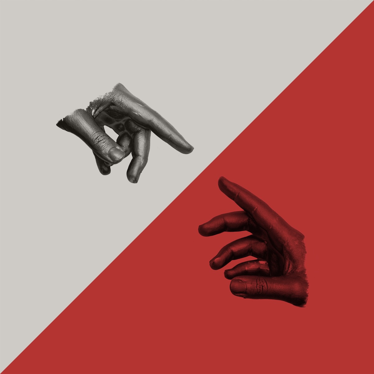 Album Art of Anchor and Braille's Tension album - The cover is split in two halves down the diagonal from bottom-left to top-right corners. The top-left half has a gray background, and the bottom-right has a bright red background. Inside each colors is a drawing of a hand with the index finger pointing to the middle and/or the other hand. The illustration of the hand stops just at the end of the fingers, so they are just fingers floating in air.