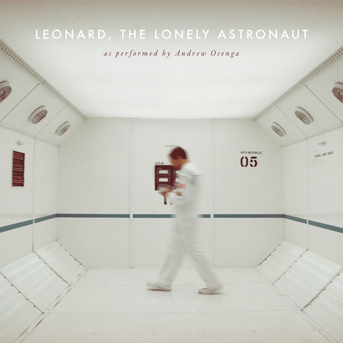 Album Art of Andrew Osenga's Leonard, The Lonely Astronaut album - A photo of a young, white man in a white room with what looks like metal walls, the ones on the left and right tapering in at the top and bottom. There's a dark grey line around waist height. The man is wearing what looks like a white space suit or something, and is moving quickly from right to left across the frame so he is blurry while the rest is in focus. There are a few panels on the wall and air vents/fans on the edges of the ceiling. At the top, it has the album title in large white print, with 'as performed by Andrew Osenga' in smaller, dark red letters below it.