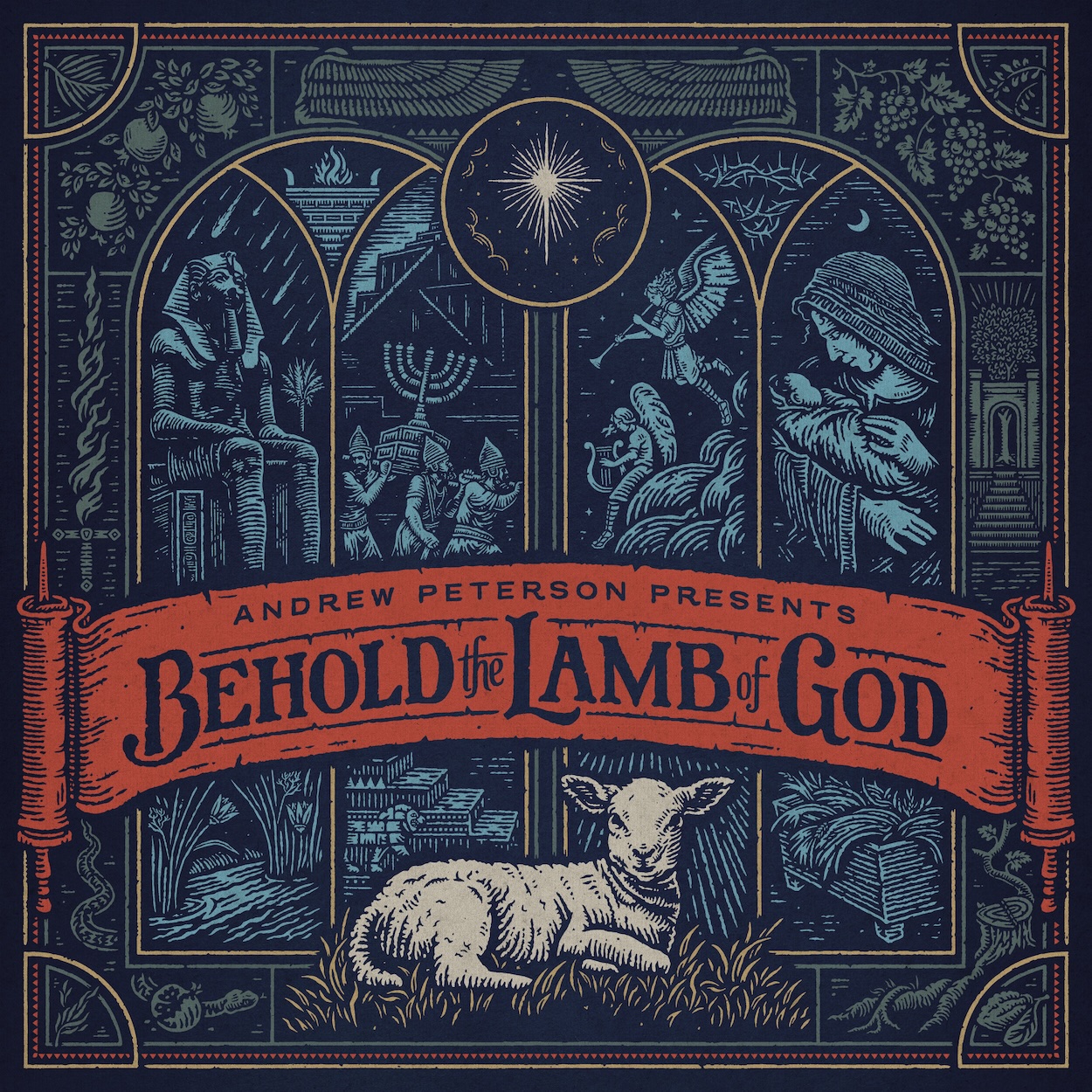 Album Art of Andrew Peterson's Behold The Lamb Of God album - On a dark blue background, there's two arched windows outlined in gold with illustrations of the story of Jesus's birth and a bright star above the two windows. Across the front of both windows, a orangish-red banner says 'Andrew Peterson Presents' in small letters and then 'Behold the Lamb of God'. Beneath it, a small, white lamb sits on some grass. Around the windows and the edge of the album cover is a red and gold border.