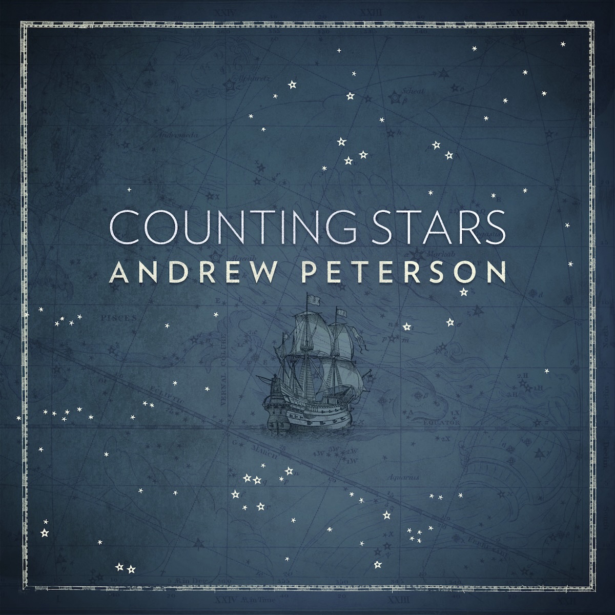 Album Art of Andrew Peterson's Counting Stars album - On a dark blue background, the faint artwork of a world map can be seen. In the middle, a classic medieval sailing vessel is illustrated. Above it, the album title is in thin white lettering with the artist's name below the title in a beige color and smaller text. Throughout the dark blue background, golden white stars of various sizes are shown. There is also a border around the edge of the artwork as well.