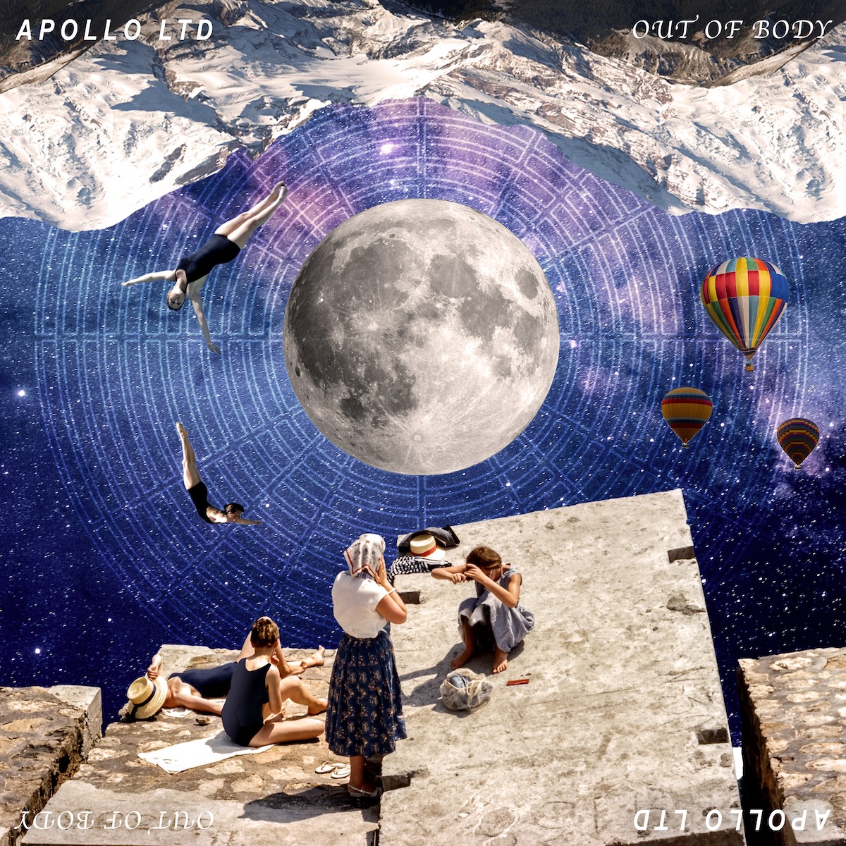 Album Art of Apollo LTD's Out Of Body album - In the middle, a picture of the moon. Around it, a starfield with galaxies in blue and purple is covered by circles sectioned by lines spreading out from the moon. On the top, hanging from the top, are upside-down snow-capped mountains. At the bottom are large rectangular stones with a few women sunbathing, one standing and looking down at another who is adjusting their hair. In the starfield on the left, a few women in bathing suits are swimming through the stars. Also on the right, some hot air balloons are floating through the starfield. On the top, the artist name and album name is printed in white no top of the artwork, and it's also printed on the bottom upside down, so that the artwork works either way.