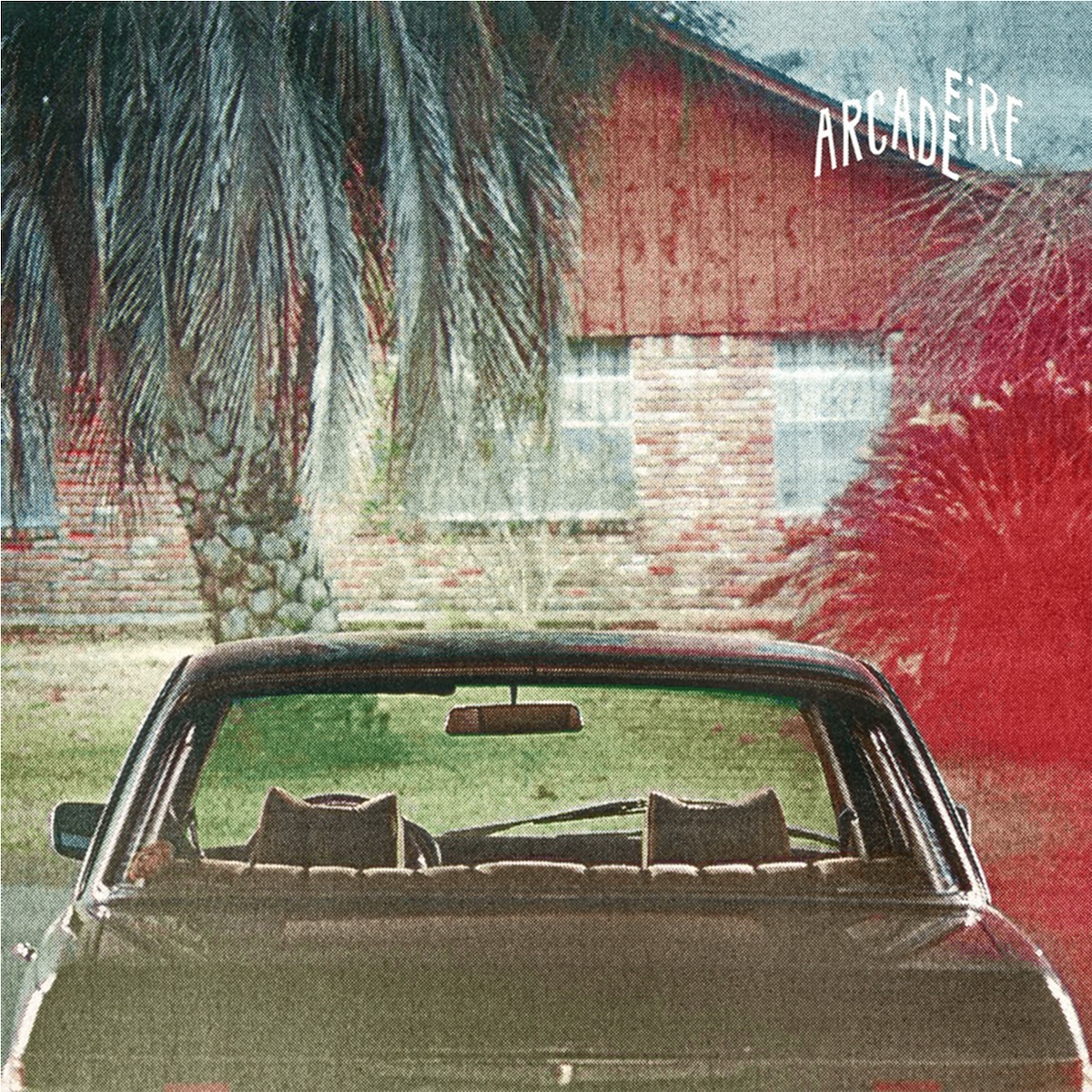 Album Art of Arcade Fire's The Suburbs album - In the foreground of this color photo, a grey/brown sedan is pictured from the back of the car, just above the license plate. The car is empty, and in front of the car and above it we can see a house with brick walls, windows, and a sided area under a sloped roof. There's a palm tree in front of the house on the left and a bush on the right, and the bush area has a red tint for some reason. There's a bit of grass on the ground, but also patches of dirt.</body></html>
