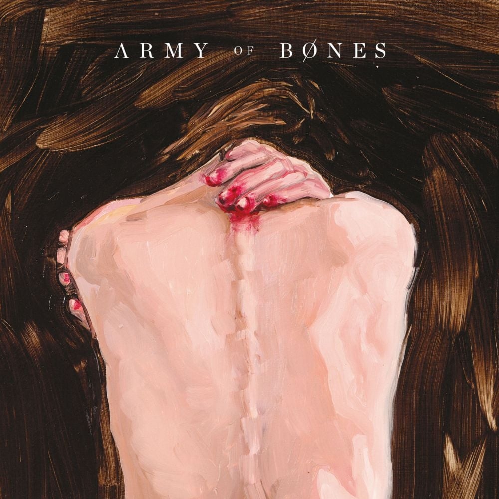 Album Art of Army Of Bones's self-titled album - A painting of a naked person's back from the waist up, and the person is hunched over and holding their chest. Brown hair can be seen at the top of the spine, leaning away from the photo and the person's left hand is reaching around to the back of the neck. The hand has bright red coloring on it; for some reason their fingers are bloody at the ends. The right hand's fingers can be seen clutching the right shoulder.</body></html>