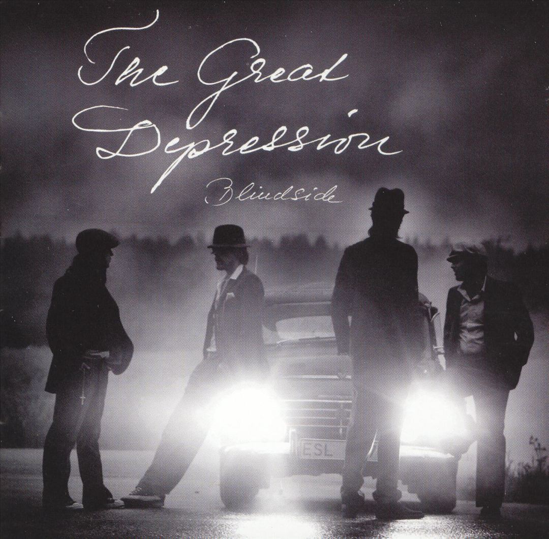 Album Art of Blindside's The Great Depression album - Four men in depression-era coats, suits and hats are the focus of a black-and-white photo that almost feels like it's out of an old Hollywood movie. They're standing in front of or near a classic period-era car with its headlights pointed toward the camera. One person is even sitting against the side of the car, while the others are standing nearby. Behind can be only faintly seen a gray sky and probably a line of trees off in the distance.</body></html>