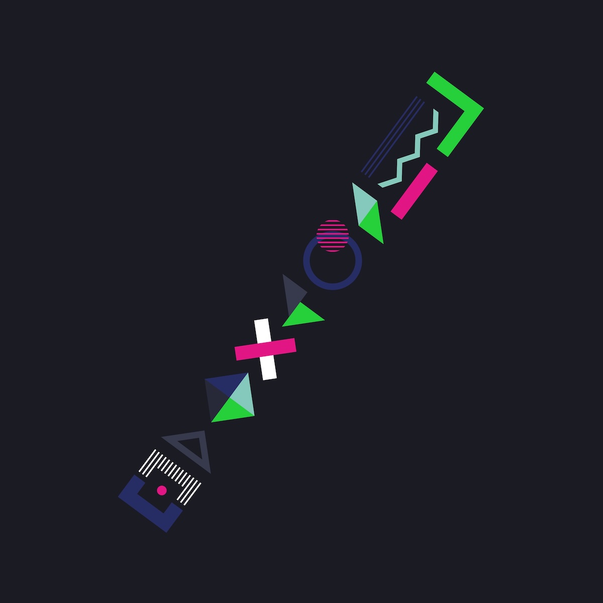 Album Art of Bright City's Hello Maker album - On a very dark blue background, a bunch of rectangles, triangles and circles are arranged to form a line from the bottom left to the top right, in the approximate angle of the '/' character. The shapes are mostly made up of a few triangles, rectangles, etc. and are in colors like neon green, hot pink, gray, and navy blue, with a tiny bit of white and black.