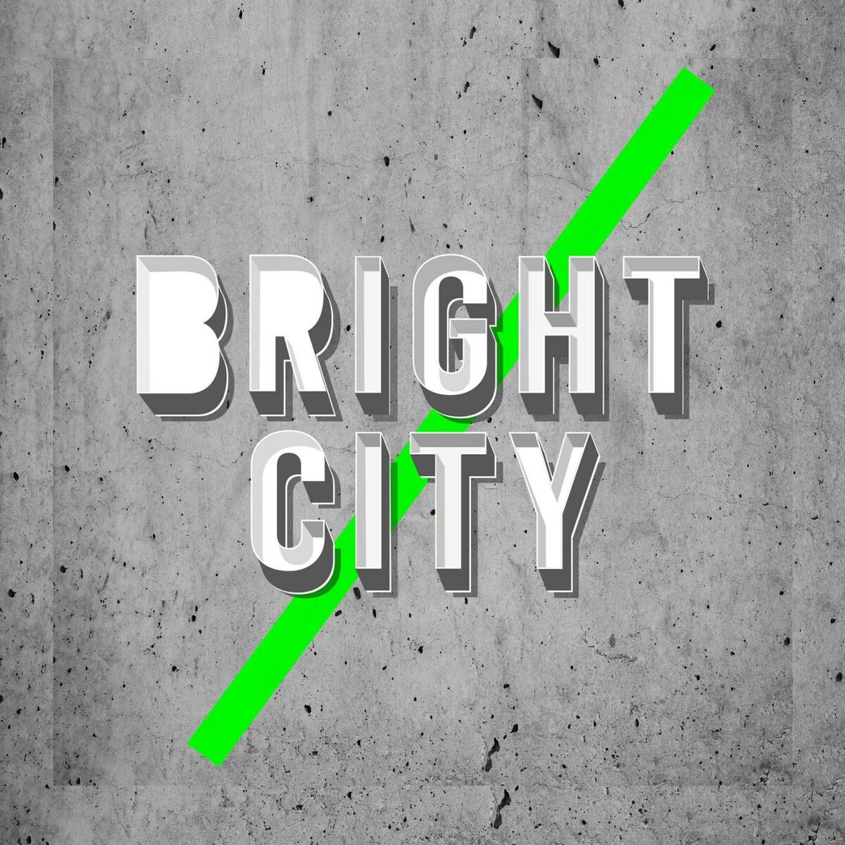 Album Art of Bright City's self-titled album - On a marble gray background, a thick neon green line cuts from bottom left to top right. Above that, the band name is printed in thick white letters with a dark drop shadow and a light gray inner shadow as well. The empty space inside the uppercase 'BR' are also just white and not cut out like normal.