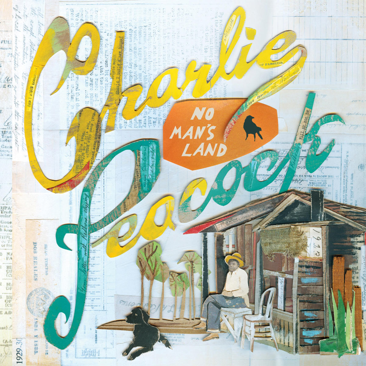 Album Art of Charlie Peacock's No Man's Land album - On a bluish-white background that is made out of old pieces of notes, receipts, and other bits of paper sits other pieces of cut-out paper of different colors and types. The majority of it is 'Charlie Peacock' in a flowing script in yellow and blue, with 'No Man's Land' on a smaller circle of orange paper in the middle. In the bottom right is a man sitting on a bench in front of a small wooden building, and a dog sitting in front of him.</body></html>