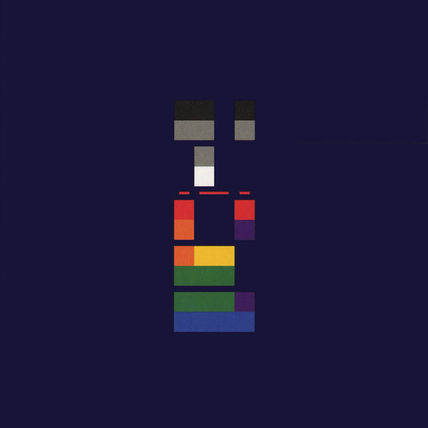 Album Art of Coldplay's X&Y album - On a dark blue background, in the middle is a series of squares, sometimes connected to each other, with black at the top, gray below that, then white, then a series of thin red dashes of various length. Below that are squares in red, orange, then yellow, green and blue, with some purple mixed in throughout. Inside the album liner notes, this is shown to be a graphical representation of the album title 'X&Y'.