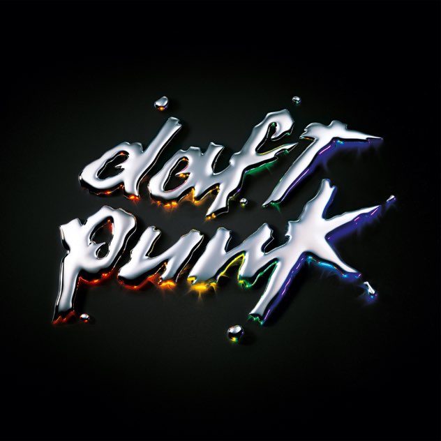 Album Art of Daft Punk's Discovery album - On a black background, what looks like drops of silvery-chrome material are suspended above the black in the shape of the words 'daft punk', with a few drops of it not making up the letters. The silvery-chrome stuff has a shadow of rainbow colors that glows, kinda like the bottom of the letters is emitting light and that's showing on the black.