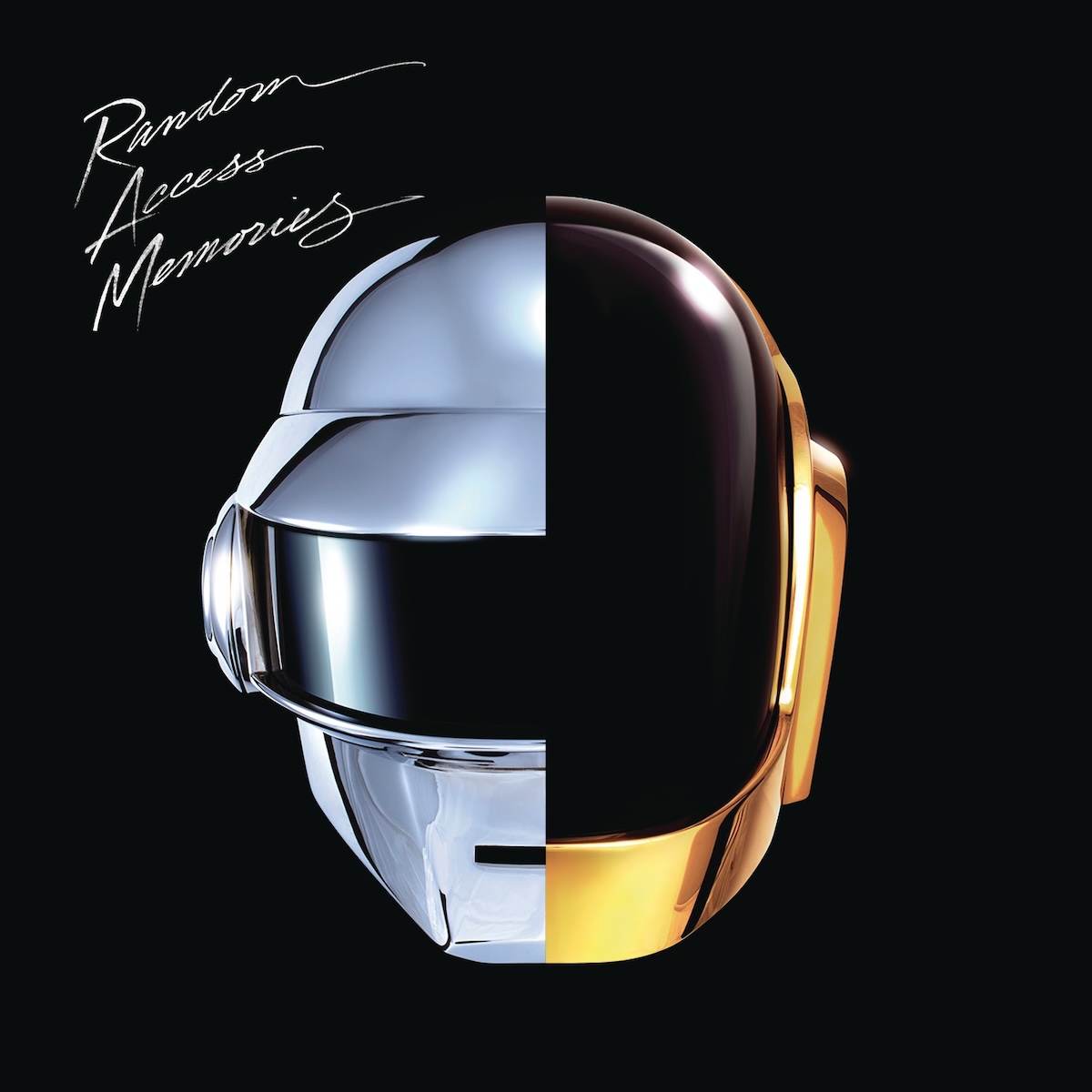 Album Art of Daft Punk's Random Access Memories album - On a black background, in the center is two halves of rounded, novelty helmets. On the left half there's a silver helmet with a slit where the mouth is, and a black glass area stretching across the middle from ear to ear, and the rest is a chrome dome. On the right, there's a gold-colored helmet with a much bigger, curved black glass dome across the whole front except for the chin area.</body></html>
