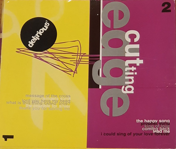 Album Art of delirious?'s Cutting Edge 1 and 2 album - The left half is a bright yellow, with a very light scissors icon just a shade whiter in the background. There's a black circle in the top left that has the band name in it, and a black '1' in the bottom left corner. On the right half it's a somewhat pinkish-purple color, with a black '2' on the top right. Vertically in the middle it says 'cutting' from the top to bottom in white, with 'edge' just to the left of it bigger in gray. In smaller print, the song titles are printed on both the left and right side.