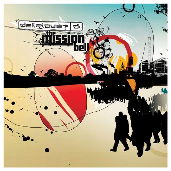 Album Art of Delirious?'s The Mission Bell album - A very detailed collage of different graphics. The top corner is a bright blue, but the bottom left is a golden brown and most of it is a gradient between that. Across the middle is the black silhouette of a walled city with trees on the left and buildings of various types on the right. some industrial and some more public-oriented like a church or office tower. Queued up in the gates to the city are the silhouette of many people.</body></html>