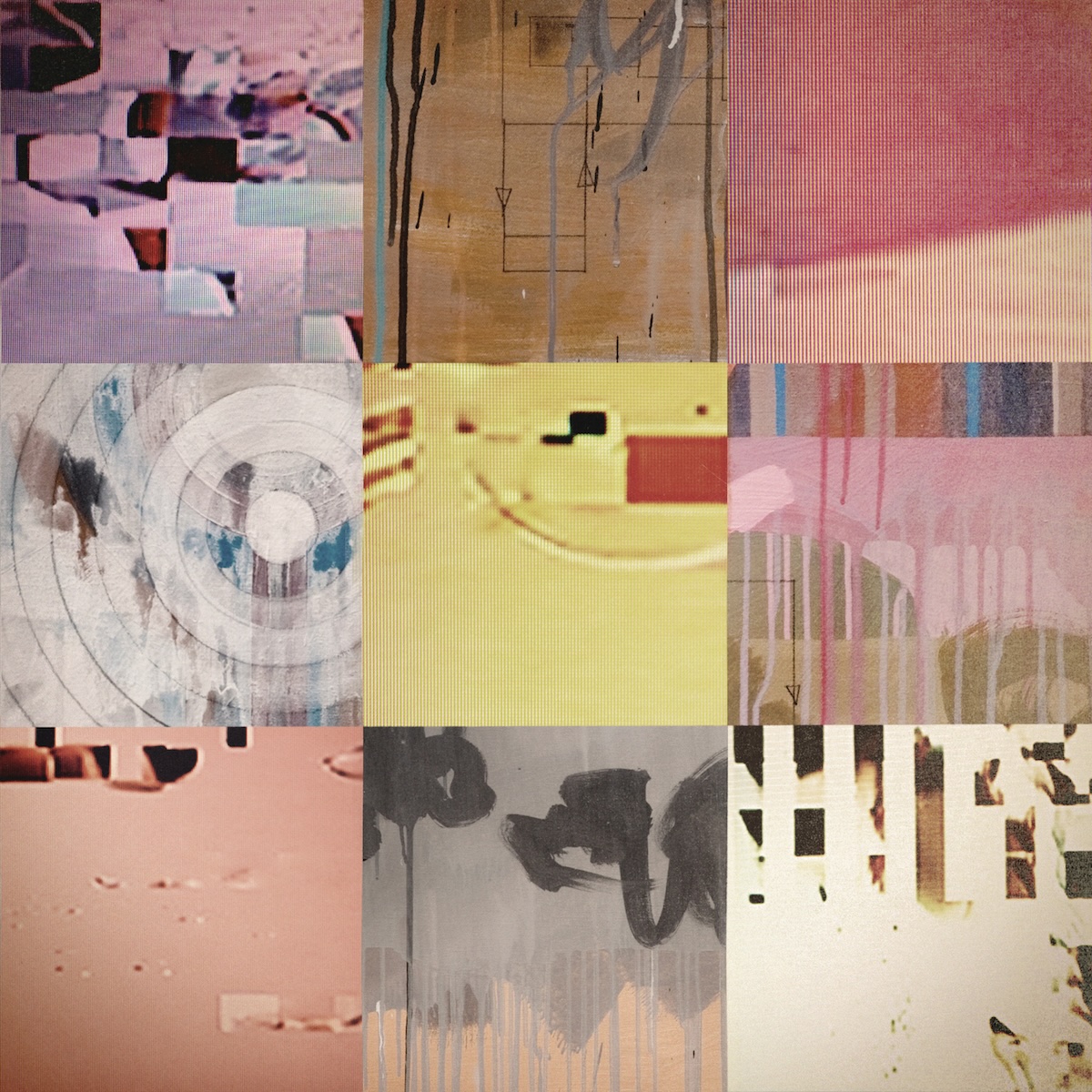 Album Art of Derek Webb's Feedback album - A grid of 9 different squares, each one has some sort of modern art in it. Most of them seem to be lines that are vertical and some squares, and most in the orange, yellow or levels of gray colors, with a bit of pink or purple in there.