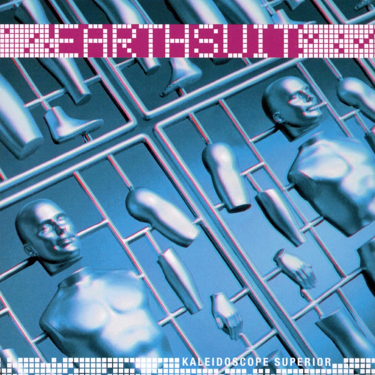 Album Art of Earthsuit's Kaleidoscope Superior album - A photo of blue plastic man parts just after they came out of a mold on a blue background, such that they are still in the square bits with the small bits of plastic connecting each piece to the others. They are blue on a blue background. Printed above the photo on the top is the band name in LED-style blocks making up the words, with random blocks lit up on each side of the word in a deep pink. At the bottom, more blocks in an off-white over the photo with the album title name printed in small letters next to them.