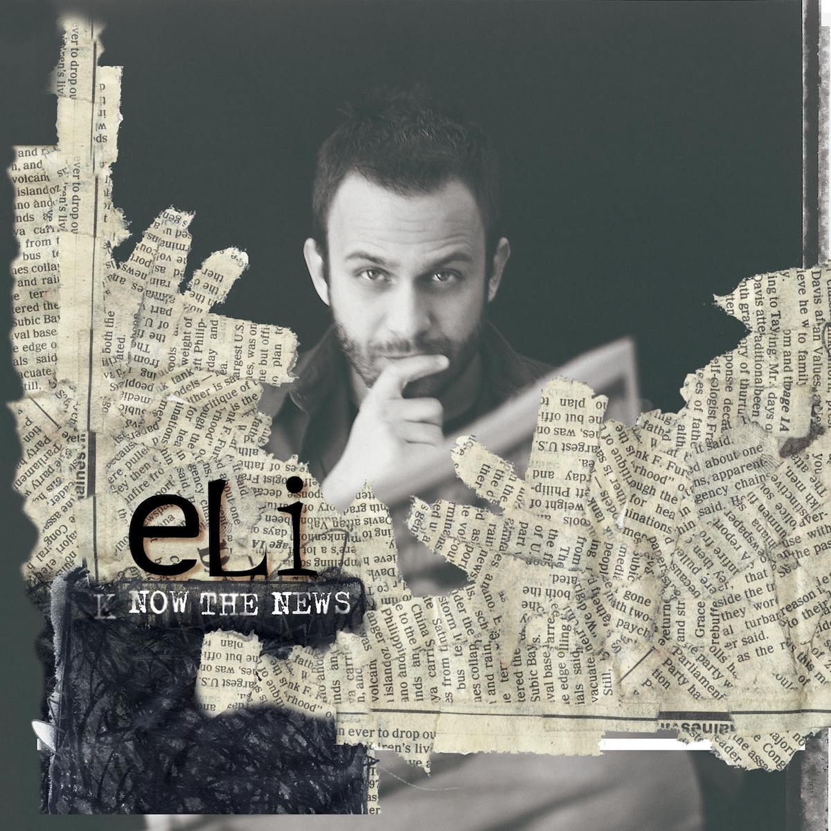 Album Art of Eli's Now The News album - A black-and-white photo of a young man with short hair and a short beard looking up from a newspaper and at the camera directly in front of him. In front of the newspaper in the photo and around the edges is a bunch of bits of newsprint pasted on top of the photo. On top of the newsprint in the bottom left it says 'eLi' in big black text with a drop shadow, and then on some black scribbles below it in a typewriter font is 'Now The News' in uppercase white. There's a 'K' faded in front of that, so it's maybe 'Know The News'.