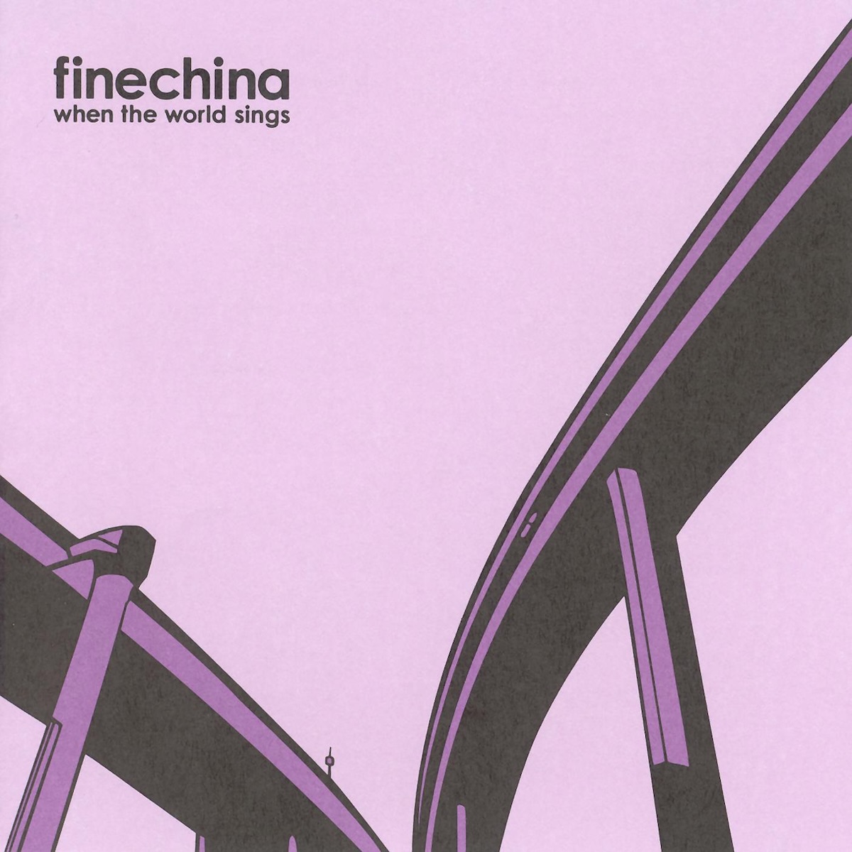 Album Art of Fine China's When The World Sings album - Mostly a solid pink baqkground, on the left and right there's purple and black line art that looks like a few highway overpass bridges, one coming from each side, that nearly converge just off the bottom of the frame. One has a small purple circle on a stick coming off the top of it near the middle. In the top right corner, printed in black, is the artist's name with no spaces and then the album title in smaller print below.
