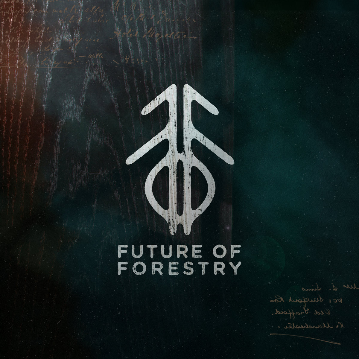 Album Art of Future Of Forestry's Remember album - On a background that looks like a wooden board colored green and black, the wood grain is apparent on the left side and some faint gold marker has words written on it in spots. In the middle, it has a a circle with a backwards F and a forwards F coming out of the top of it, and below it it says the band name. It looks like these are painted in silver on top of the board, as the wood grain can be seen through the paint in spots.