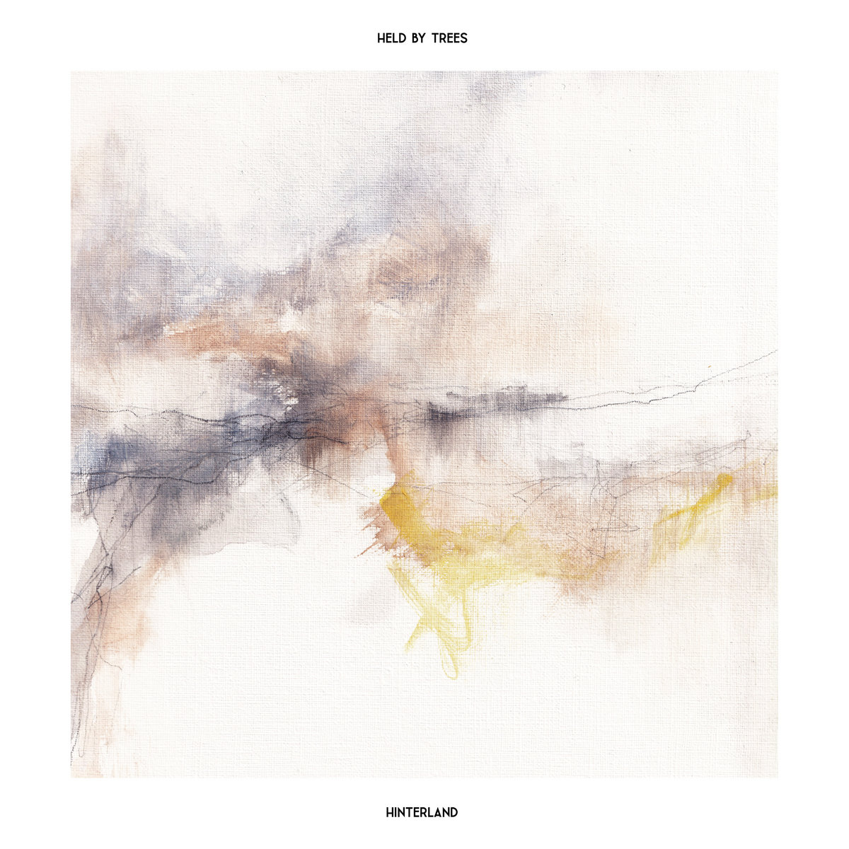 Album Art of Held By Trees's Hinterland album - In the thick white border around the artwork, it has printed at the top in a small, black print the band's name and at the bottom the album name, both centered horizontally. In the middle is a square piece of artwork that is mostly off-white in the top and bottom.</body></html>