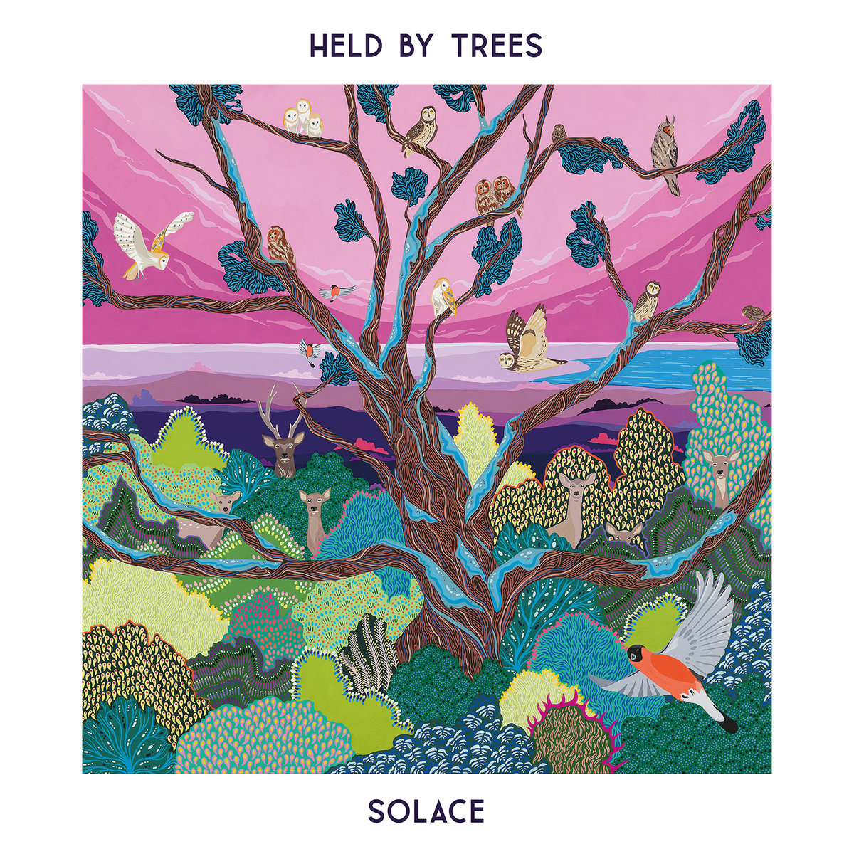 Album Art of Held By Trees's Solace album - Surrounded by a thick white border, detailed artwork of a nature scene in surrealist, multicolored style. The sky is a bright pink in a few different hues, with an aqua blue body of water near the horizon on the right. The foreground is filled with plants in a variety of blues, greens and browns with some funky patterns to them. In the middle is a brown tree with some blue water clinging to its top side.</body></html>