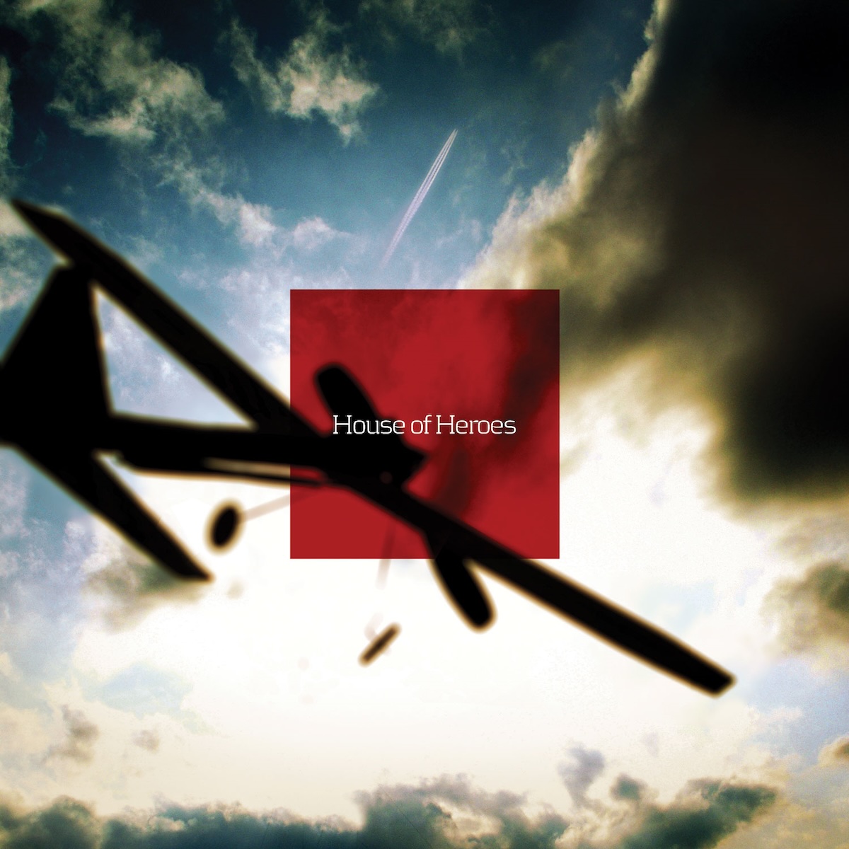 Album Art of House Of Heroes's self-titled album - A photo from below of a partly-cloudy sky with sunlight in the center, and what looks like two small airplanes or gliders silhouetting against the background. Above the middle of the photo is a semi-transparent red square with the band name printed in white.