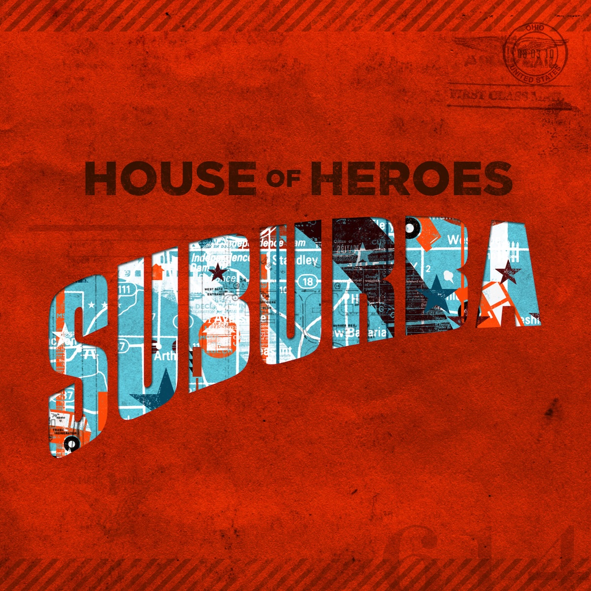 Album Art of House Of Heroes's Suburba album - The background is red and has stripes on the top and bottom and a stamp in the top right like it's some sort of very worn, red air mail package. In a dark red, written across the upper middle is the band name in bold text. Below that, the word 'Suburba' is bigger on the left and curves up to the right like some classic postcard or something.</body></html>