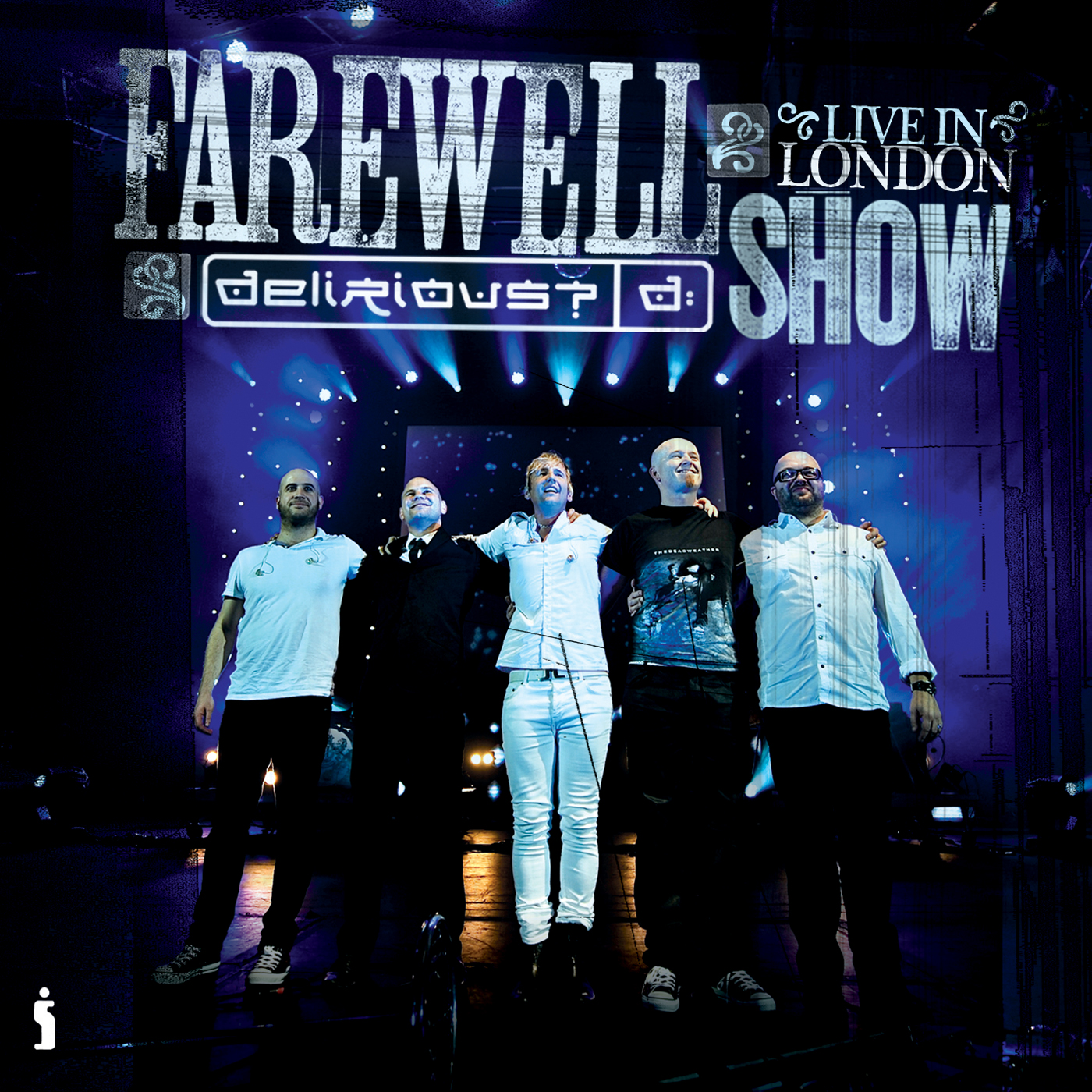 Album Art of delirious?'s Farewell Show album - Five middle-aged white men, in alternating clothes of white and black, standing shoulder to shoulder on a large stage with their arms on each other's shoulders. Above the band is printed in a worn blue type the album title, 'Farewell Show', with the words 'Live In London' printed in smaller text in the top right. Below the title in a smaller rounded box is the band word mark: the band name with a question mark, then a vertical bar, then a 'd:' as well.