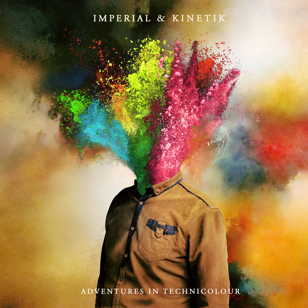 Album Art of Imperial and Kinetik's Adventures In Technicolour album - A photo from the waist up of what looks like the body of a man in a collared shirt, but where his head should be, it's just a bunch of brightly colored dirt or other small particles bursting out of the neck area of the shirt. The colors are green and blue on the left, orange and neon green in the middle, and bright pink and red on the right. In the background, some clouds of various colors can also be seen. At the top, it has the artist names in a white color, somewhat large. At the bottom, the album name in smaller white print.