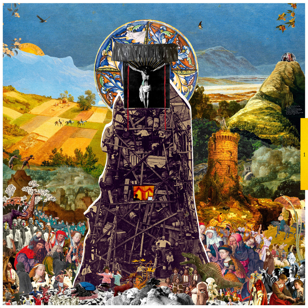 Album Art of John Van Deusen's As Long As I Am In The Tent of This Body I Will Make A Joyful Noise Pt. 1 album - A very detailed collage of various photos and artwork and maybe original art as well. At the bottom is lots of people, behind them fields and mountains, a castle turret, and forests and above the blue sky. In the middle, a series of black-and-white, more industrial-looking of a haphazard structure, and on top of it a picture of Jesus Christ on the cross.</body></html>