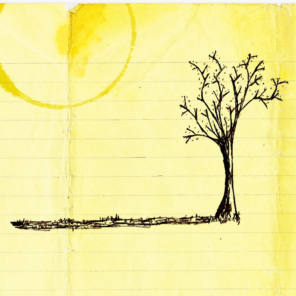 Album Art of Jon Foreman's Spring EP - On what looks to be yellow notebook paper with thin black horizontal lines and wear on the top and a vertical crease near the edges is drawn a stick drawing of a tree on the right, with the sprouts of grass just barely visible in its shadow to the left of the tree. The tree has little stubby shoots on the branches. Also, the yellow paper has a stain of what might be a coffee mug in the top left too.