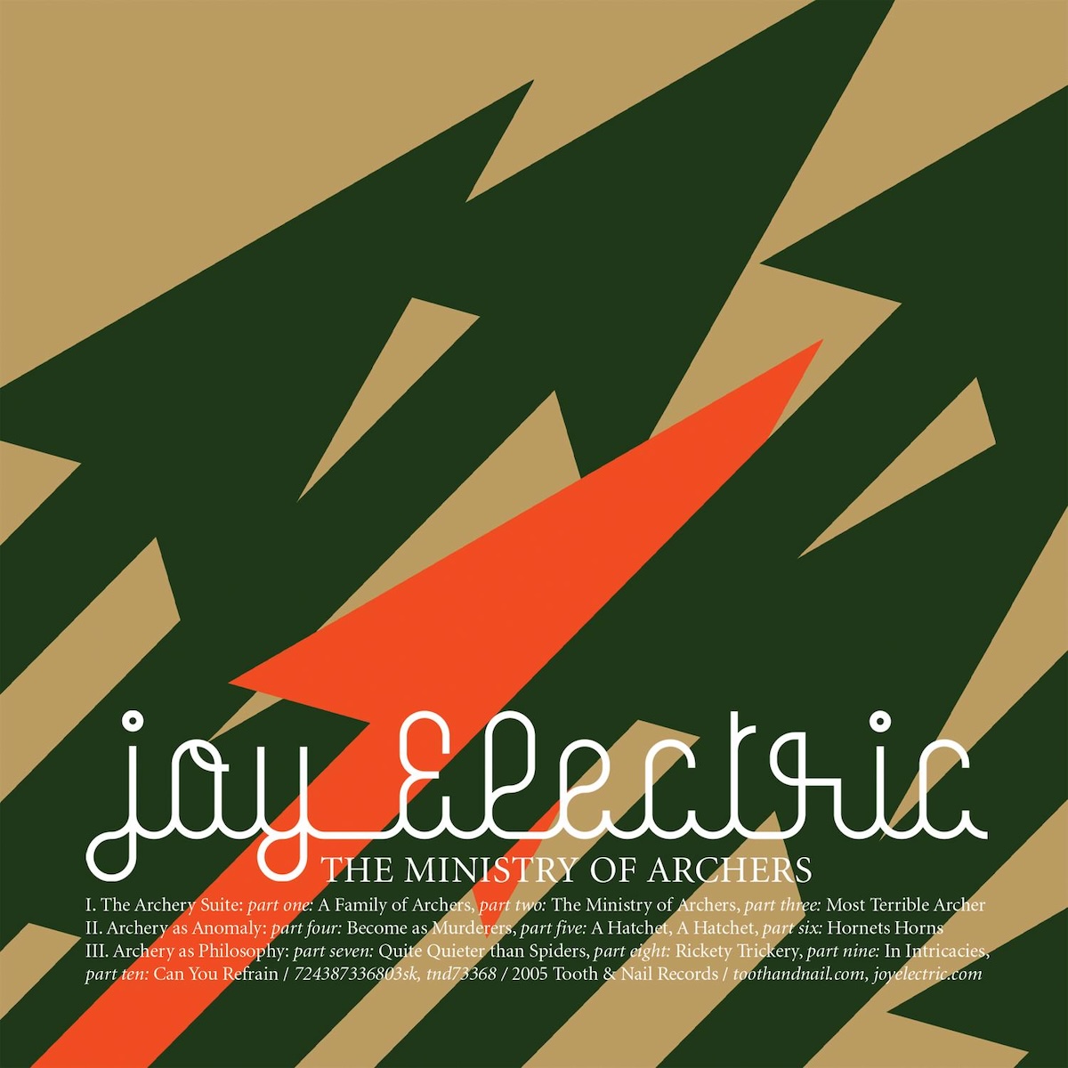 Album Art of Joy Electric's The Ministry Of Archers album - On a gold color background, 7 large green arrows are pointed from bottom left to the top right at the same angle, some lower to the bottom-left and others have their point off the image to the top right. In the middle is a red arrow that comes to a point right in the middle. Below that is printed in a white, thin script font the band's name, and below that the album title in small print.</body></html>