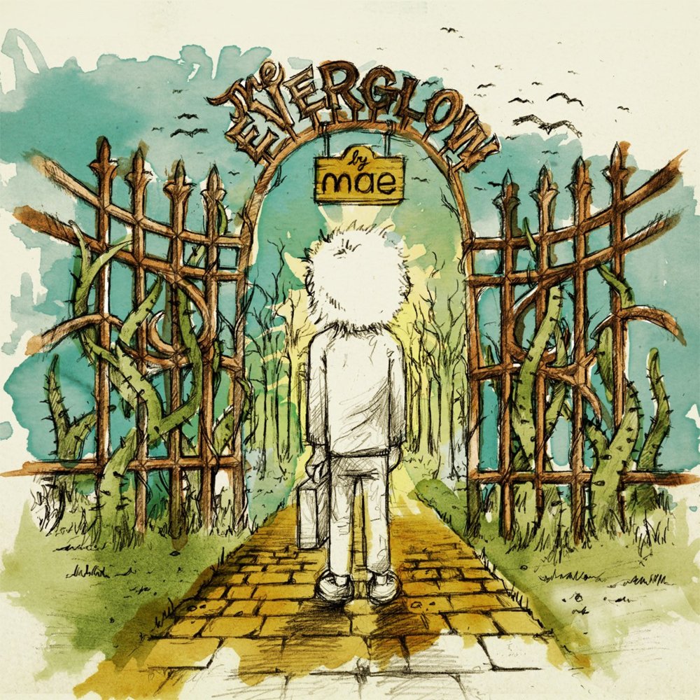 Album Art of Mae's The Everglow album - A drawing of a forest behind a metal fence with vines growing over it. In the middle, there's a path with a an open gate and a man with a suitcase is standing looking into the gate, and there is a bit of a glow from the forest behind him. The colors may be painted with watercolors or something, because the edges are not fully colored out of the grass, the path, the sky. The man in the middle also is black-and-white only, not in color. On the top of the gate, the metal spells out 'The Everglow' and there's a hanging piece of wood with 'by mae' written on it.