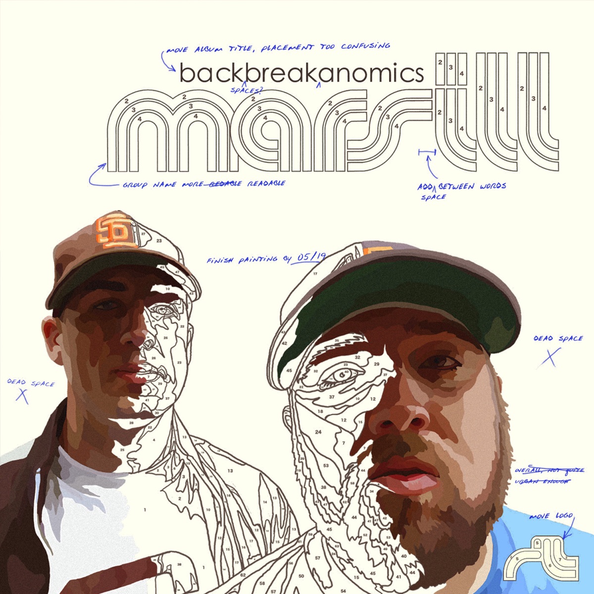 Album Art of Mars ILL's Backbreakanomics album - On a beige background, at the top is outlines of the words 'mars ill' in a styled format. And above that in smaller letters, the works 'backbreakanomics' in a sans-serif font in black. At the bottom, there's two men, both wearing caps, in an illustration. Half of each of them is colored in like it was in a coloring book or something, and the other half is the outline and numbers, like the cover is a coloring book with numbers associated with colors.</body></html>