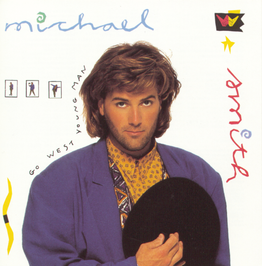 Album Art of Michael W. Smith's Go West Young Man album - On a white background, a photo of a white man with lots of brown hair is pictured in a bright blue suit with a golden shirt underneath and holding a black hat over his heart. He's looking way up. On the white background is written across the top his first name in a blue handwritten cursive, and along the right vertically in red is his last name. In the top right corner is a drawing that looks like his middle initial, 'w'. Small drawings of a man dancing are to the left of his face, and handwritten in black long his left side is the album title.