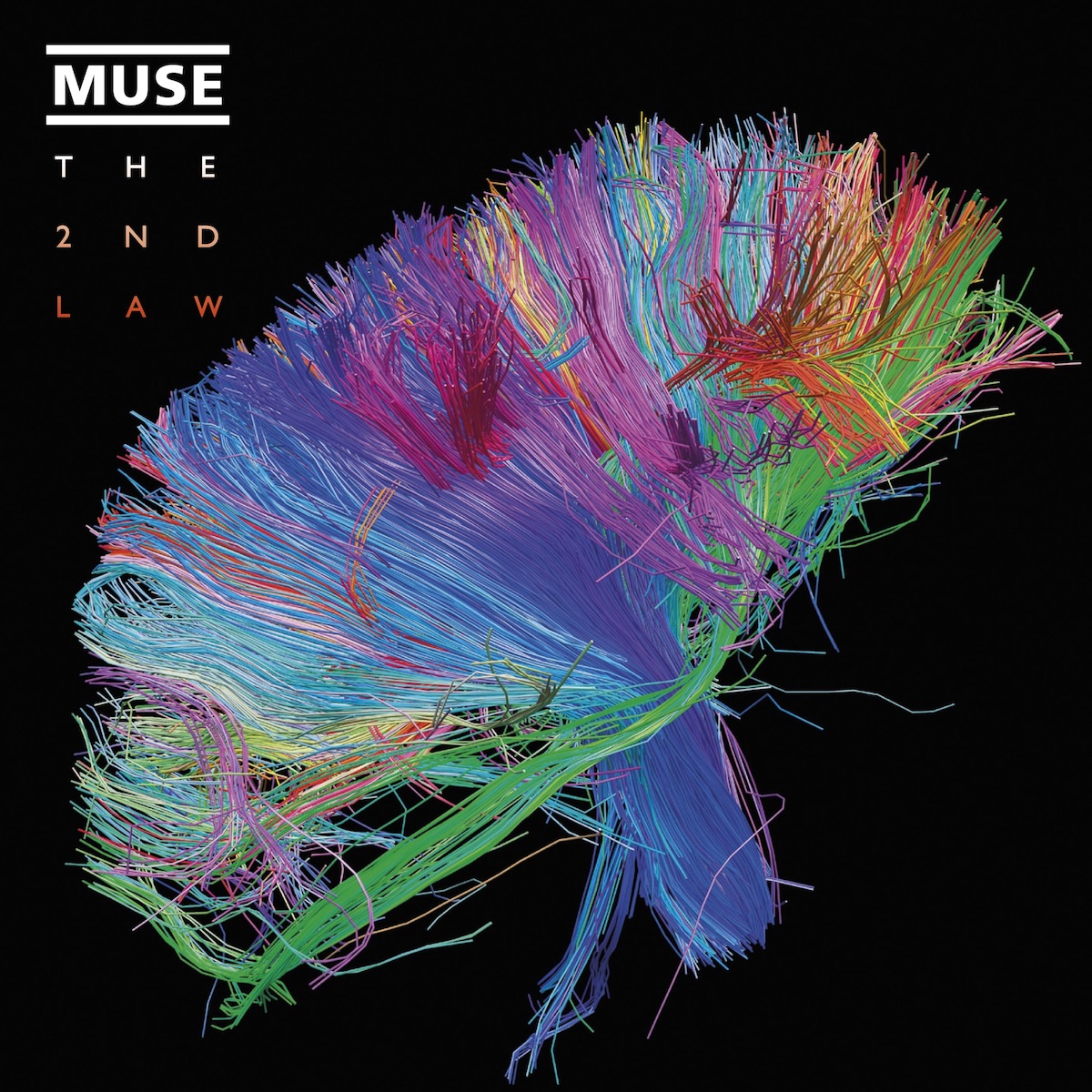 Album Art of Muse's The 2nd Law album - On a black background, a colorful 3-D illustration of the human brain's neural connections/pathways, with different parts in different colors of the rainbow. In the top left, on the black background is the band's logo, the band's name surrounded by black bars on the top and bottom. Below it is printed 'The 2nd Law', each word on its own line, with the first being more white and the second two being more progressively red.