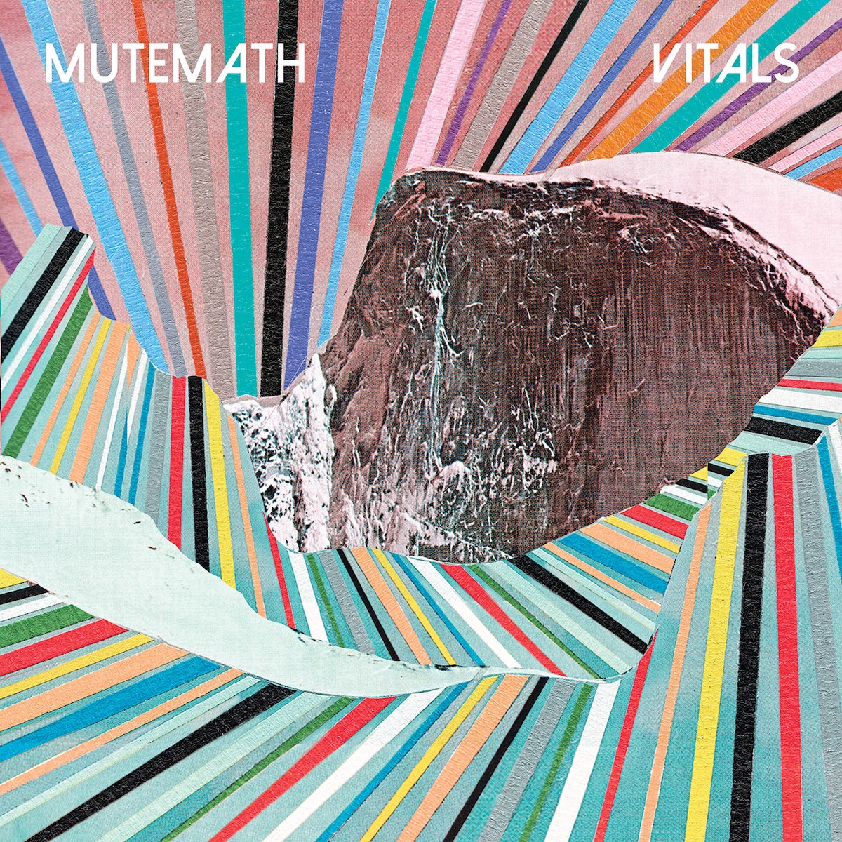 Album Art of Mutemath's Vitals album - A photo of a large rock face that is cut out from the rest of the photo, maybe it's Half Dome, and the rest of the landscape has been replaced by colored lines of various shades. At the top in the left in white is the band name, and in the right the album title.