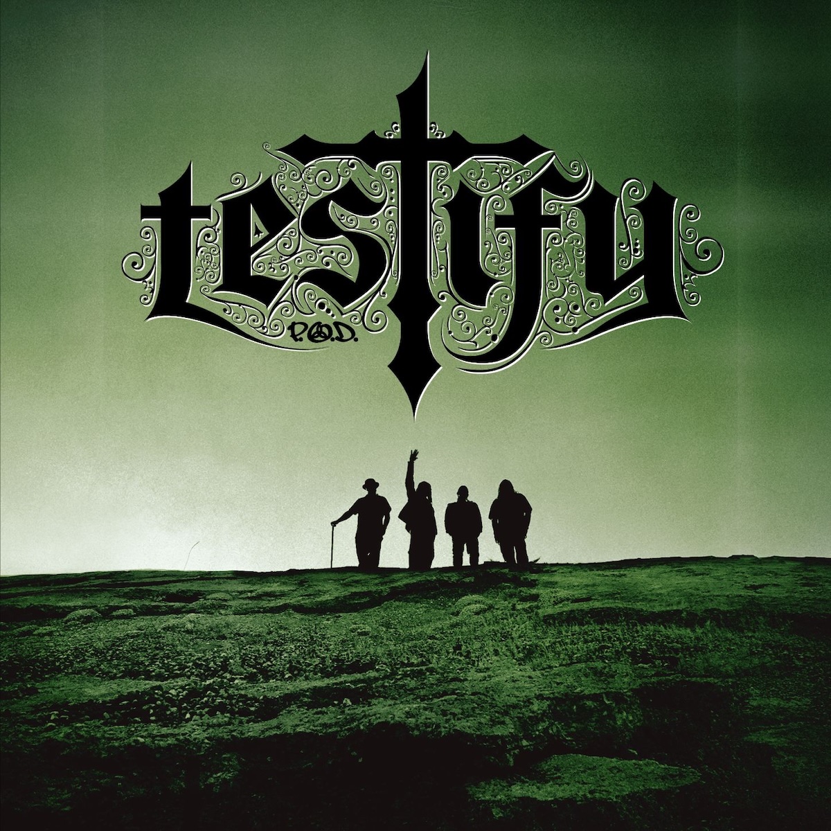 Album Art of P.O.D.'s Testify album - A photo that is completely black, white and green. It shows a green grass in front of a green-hued sky with a light on the left edge of a hill or something where the grass meets the sky. On the edge of the hill is a silhouette of four men, the one on the left with a cane in his right hand, and the one to the left of him with his fist in the air.</body></html>