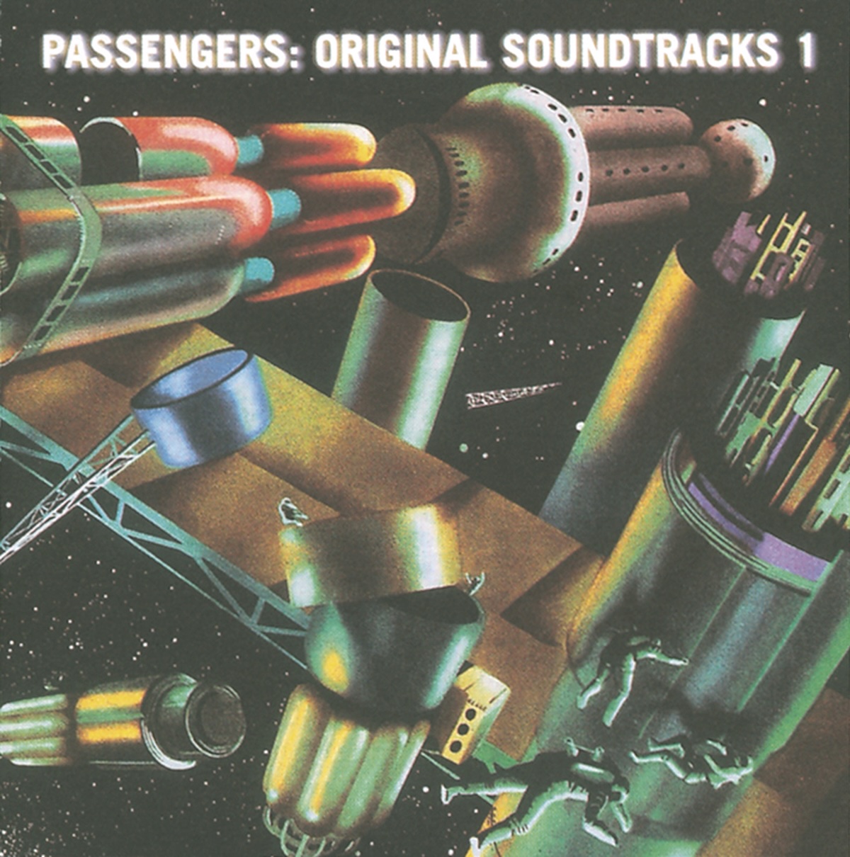 Album Art of Passengers's Original Soundtracks 1 album - On the starfield of space as the background, a bunch of circles and boxes are interconnected making up a colorful, very modernist space port or something. A few people can be seen on the exterior of the building in space suits, and a few ships may be flying around too. It's busy and also looks like it is still being assembled. At the top, it has printed in white the band name and the album name.