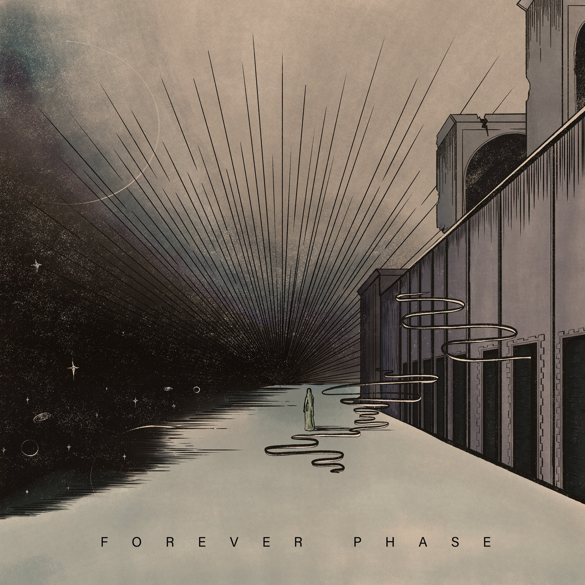 Album Art of Paul Meany's Forever Phase album - An illustration with a large building on the right side with multiple levels, and a road stretching out down the middle. On the left, the road dissolves into space with stars and galaxies. The sky above is lighter than the space on the left, but there's lines of darkness radiating from the vanishing point in the back of the drawing. Where the sky and the space meet, there's a thin circle outline, maybe supposed to evoke a moon. In the middle, what looks to be a small person is there, and in the air near them there's a few curvy lines suspended there. Across the bottom in small letters is the album title painted in black.