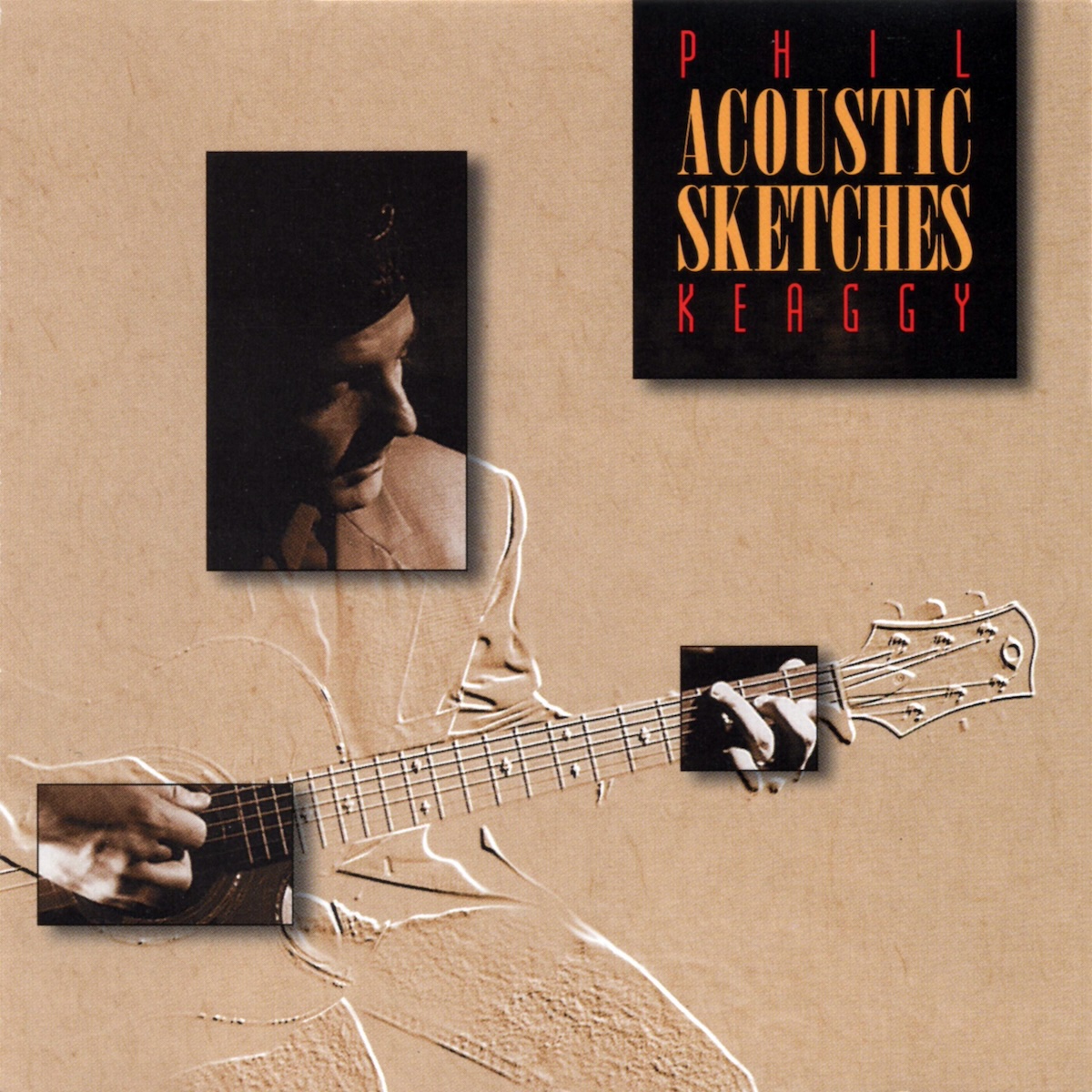 Album Art of Phil Keaggy's Acoustic Sketches album - The artwork is based on a black-and-white photo of Phil Keaggy playing an acoustic guitar. The original picture is shown in the area of his face and both left and right hands. But the rest of the photo is altered to be a light brown background, and what looks like the edges of the whole photo of him playing is embossed in the brown. In the top towards the right, there is a black box that says the artist name in smaller red text on the top and bottom, and the album title in larger, yellow text in the middle.