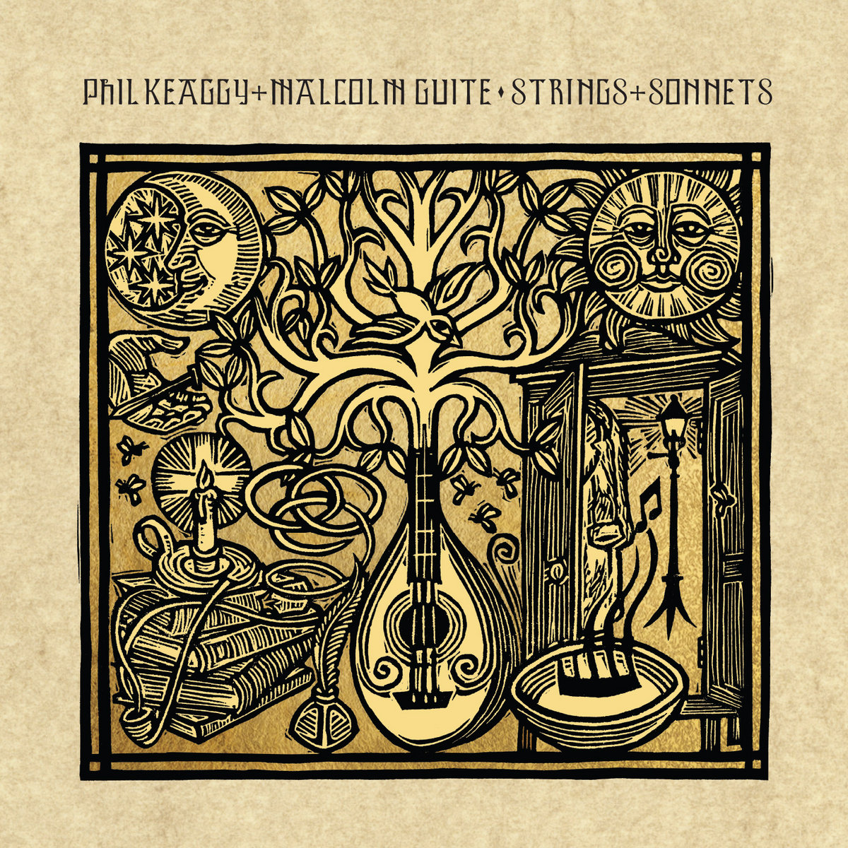 Album Art of Phil Keaggy & Malcolm Guite's Strings & Sonnets album - On a light gold marble background, across the top in black is listed the artist and album title. Below that, artwork that has a mandolin at the center with a tree growing out of its neck. On the left, a moon, a hand holding a nail, and a pile of books with a lite candle sitting on top of them.</body></html>