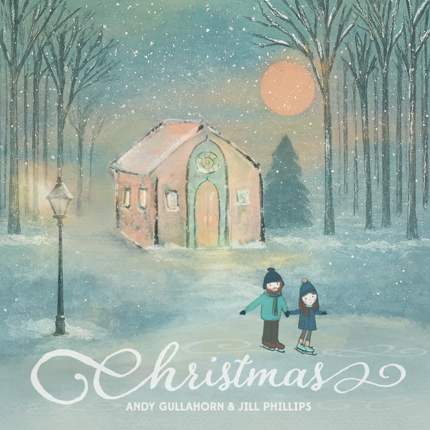 Album Art of Jill Phillips and Andy Gullahorn's Christmas album, the 2025 vinyl version - A drawing of a wintery scene, a wooded are with a small church in the middle. It's snowing and large, red moon is on the right side behind the clearing where the church is. In the foreground there is a lamp post and an icy pond with two people ice skating on it. They are holding hands and wearing jackets, hats and mittens. Below them, it has the album title printed in a fancy white script and their names printed small in white below it.