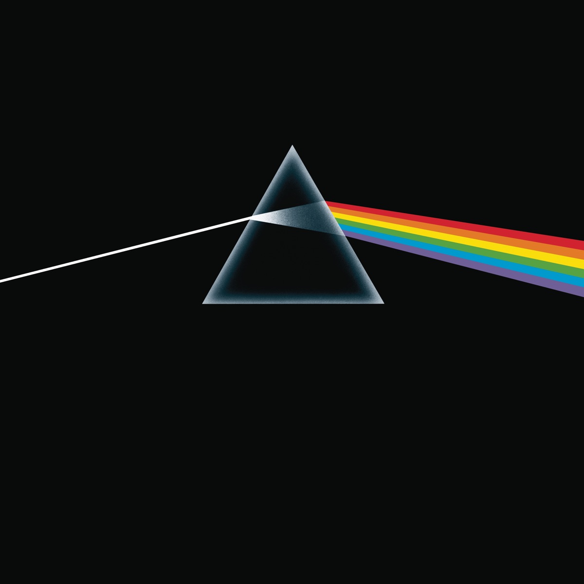 Album Art of Pink Floyd's The Dark Side Of The Moon album - Most of it is a black background. In the middle, is a black triangle with an inner glow coming from the edges. On the left side, a thin line of white cuts through the black. Inside the triangle, the white spreads out to be about 10x wider on the right side. And once it hits the edge of the triange, it's now larger lines of red, orange, yellow, green, blue, and purple.