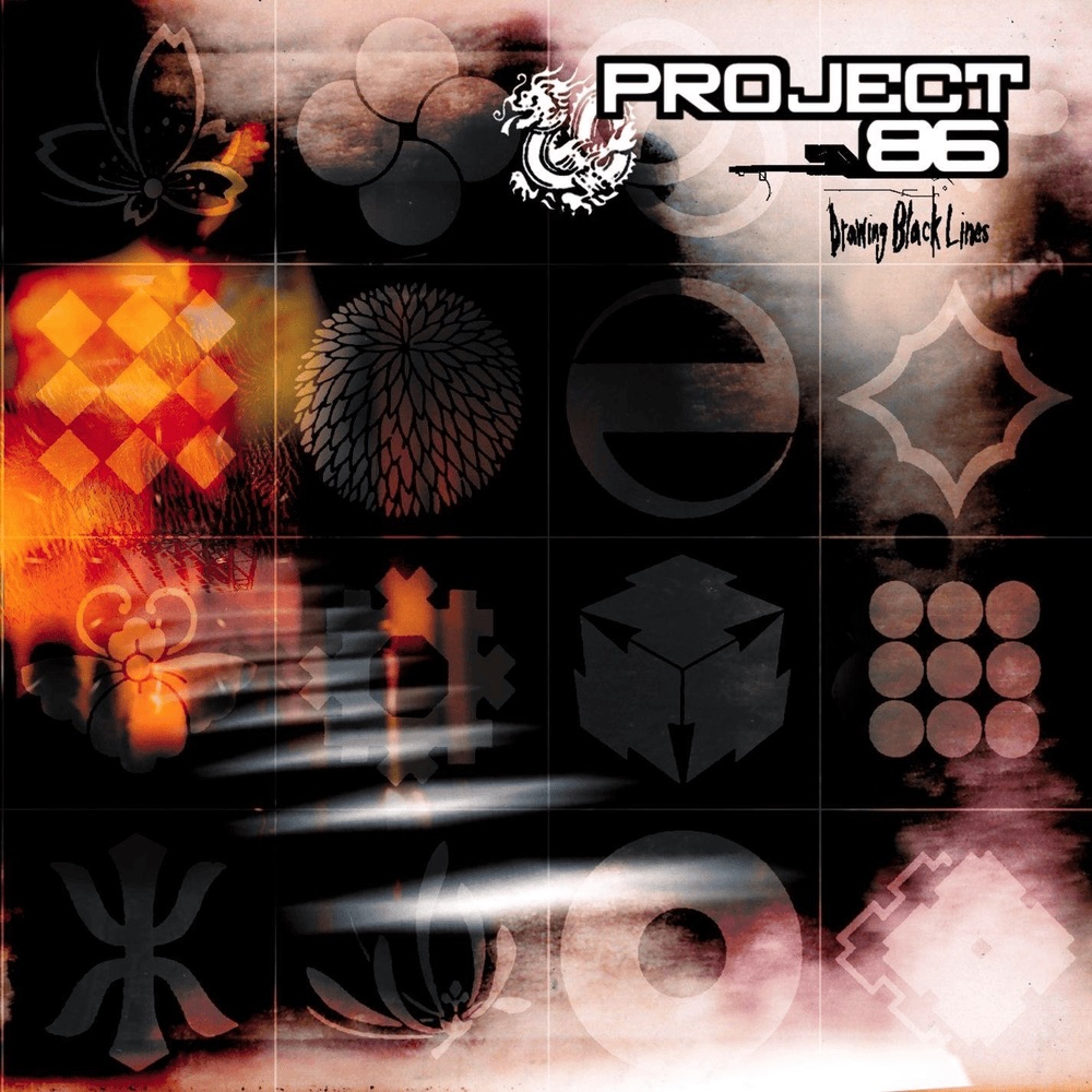 Album Art of Project 86's Drawing Black Lines album - In the top right, the word 'Project' in white in uppercase block letters, with '86' below it aligned to the right. Below that, scribbled in black is the album title, and to the left of that is a white dragon icon. The rest of the album cover is 16 geometric symbols in a grid, semi-transparent of a photo too blurry to tell what it is portraying.