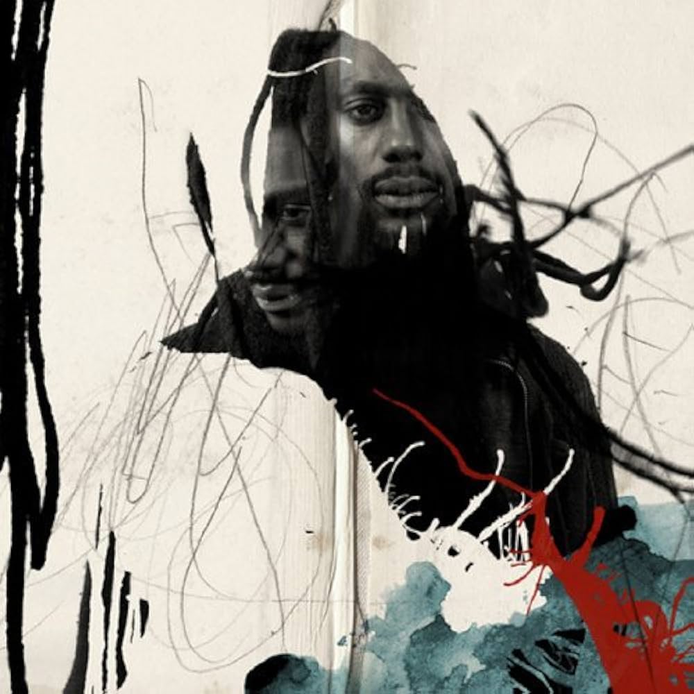 Album Art of Propaganda's Crimson Cord album - A mixed media piece, it looks like the lowest layer is maybe a few photos of Jason Petty, the artist known as Propaganada, his face from straight on and from above in black and white. Painted above that is what looks like paint, a white paint base above the photo with black brushstrokes on the left, and red and blue in the bottom right. On top of the white looks like scribbles of thinner pen or marker.