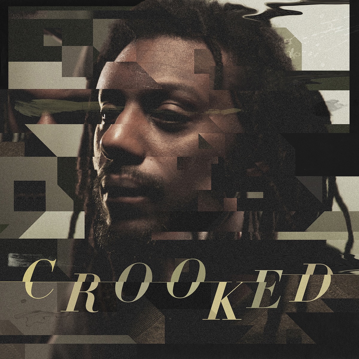 Album Art of Propaganda's Crooked album - A photo of a black man with dreadlocks, a mustache and goatee, in the middle. The edges of the image are a bit glitchy, with some parts moved horizontally. The background is a patchwork of textures, boxes and things interconnected, some of them made up of the photo of the man's face or another similar photo. Below his face, the album title 'Crooked' is printed in a dark green with each letter's top part a bit off-center from the bottom part.