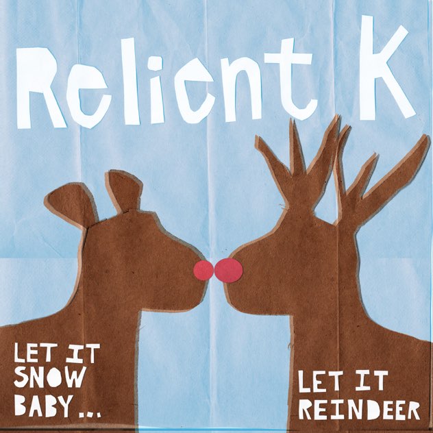 Album Art of Relient K's Let It Snow Baby... Let It Reindeer album - It looks like paper artwork, with first a background of various shaed of light blue with regular creases vertically and near the center horizontally. On top of that is a cutout of two deer on brown paper, one with antlers and the other without, and their round red noses are touching in the middle.</body></html>