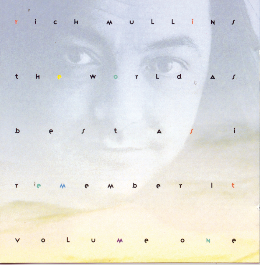 Album Art of Rich Mullins's The World As Best As I Remember It, Vol. 1 album - The background looks like a gradient of a clear sky, a powdery blue at the top and a yellow gold at the bottom. Layered on top of this is a transparent, black-and-white photo of a middle-aged white man with long, black hair, zoomed in close on just his face.</body></html>