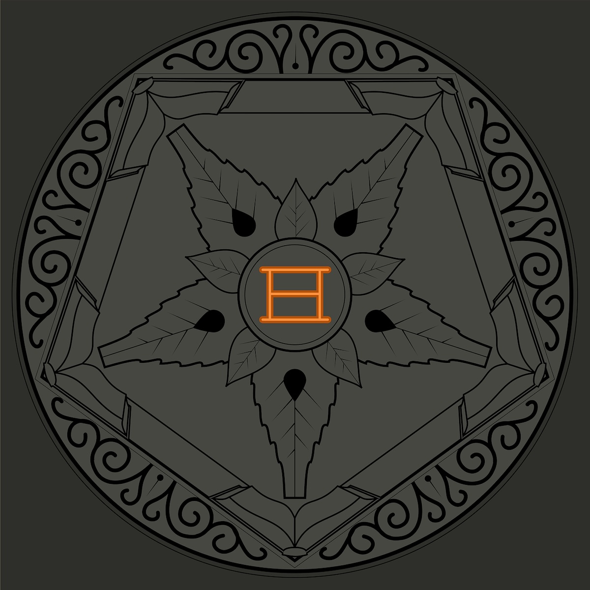  The Soundtrack Deluxe album - On a dark green background, a lighter green circle is shown. Inside the circle is a pentagon, and each corner of the pentagon is a drawing of a book. From the center and going out to the book's center is five leaves, one for each book, and they also look like a fountain pen as well as a leaf. In the middle there's another circle with 5 smaller leaves just outside it, and inside the circle is an orange geometric design, it looks like a box with a horizontal line through it.