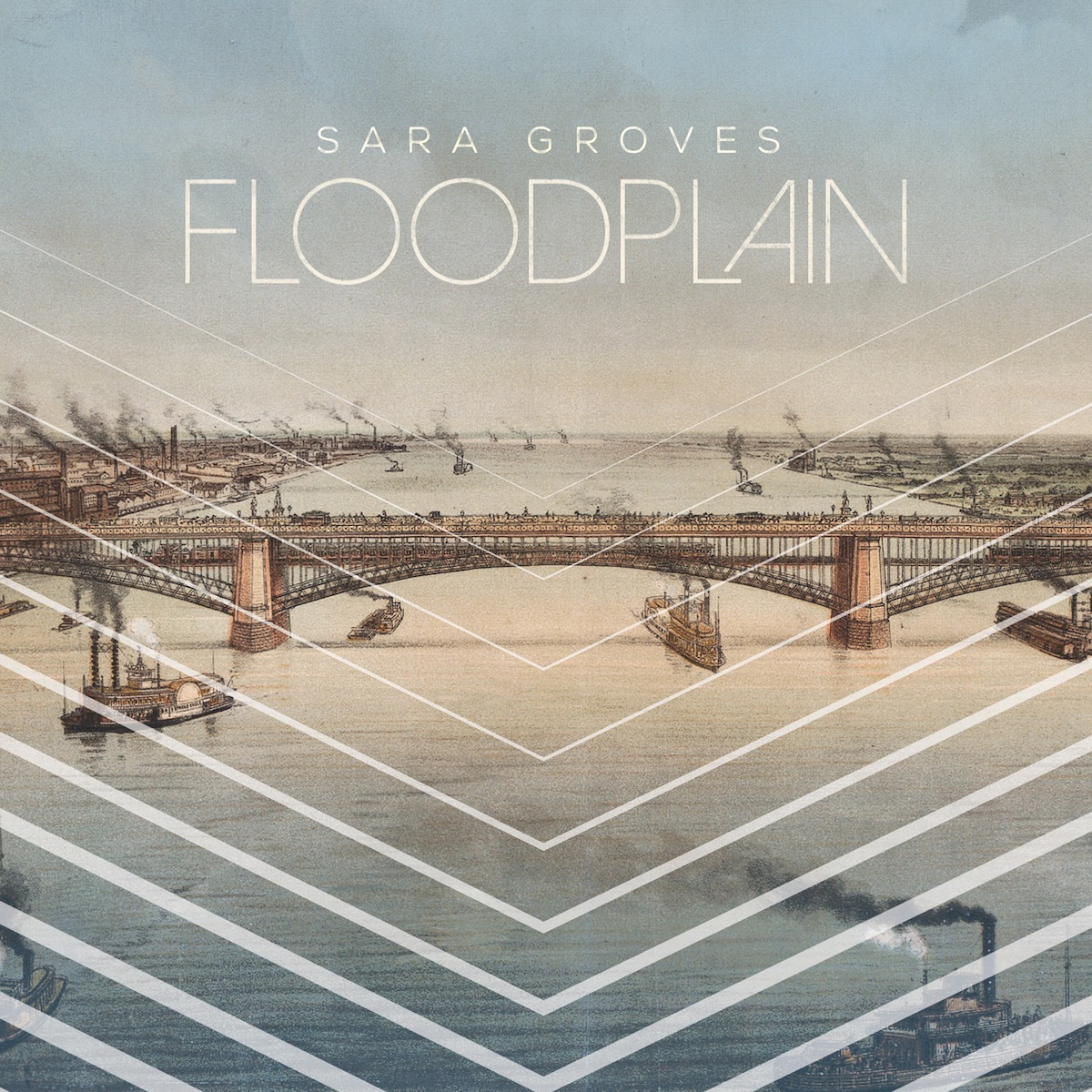 Album Art of Sara Groves's Floodplain album - Across the middle, an illustration of a river with a city on the left side and fields on the other, with a large double-decker steel bridge going across the river. The river is very wide and it looks like it is flooding the city and fields on both sides, though buildings can be seen in the water on both sides. Up and down the river are riverboats with their steaming smokestacks, and many buildings also have smoke coming from their chimneys. The river stretches to the bottom of the frame and the sky is also a hazy blue-gold mixture. Up in the sky is printed the artist's name in small white print in the center, with the album title in much bigger font below it. The bottom of the image has light-colored hairlines in a chevron pattern on occasion, a hairline at the middle and getting thicker as they go down, making a bit of an arrow pointing down effect.